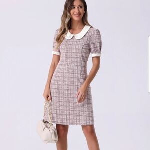 NWT Allegra K Tweed Peter Pan Collar Puff Short Sleeve A-line Midi Dress Sz. XL